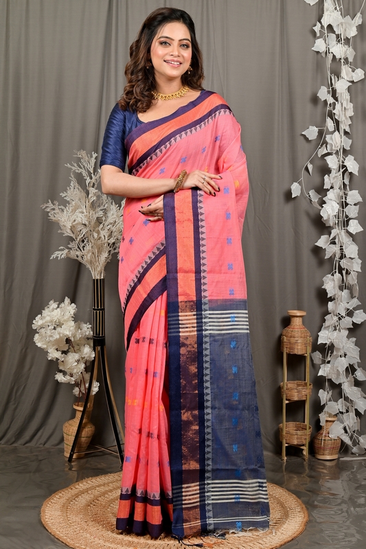 Rani Pink Blue Pure Cotton Debasi Hand Loom Saree (2948)