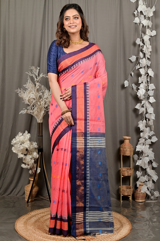 Rani Pink Blue Pure Cotton Debasi Hand Loom Saree (2948)