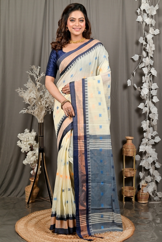 Off White Blue Pure Cotton Debasi Hand Loom Saree (2949)