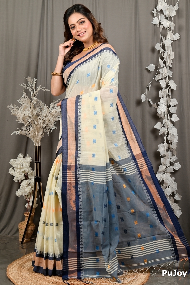 Off White Blue Pure Cotton Debasi Hand Loom Saree (2949)