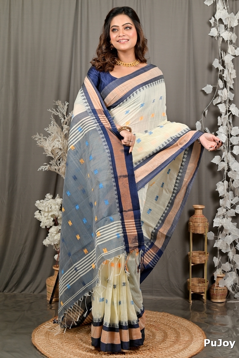 Off White Blue Pure Cotton Debasi Hand Loom Saree (2949)