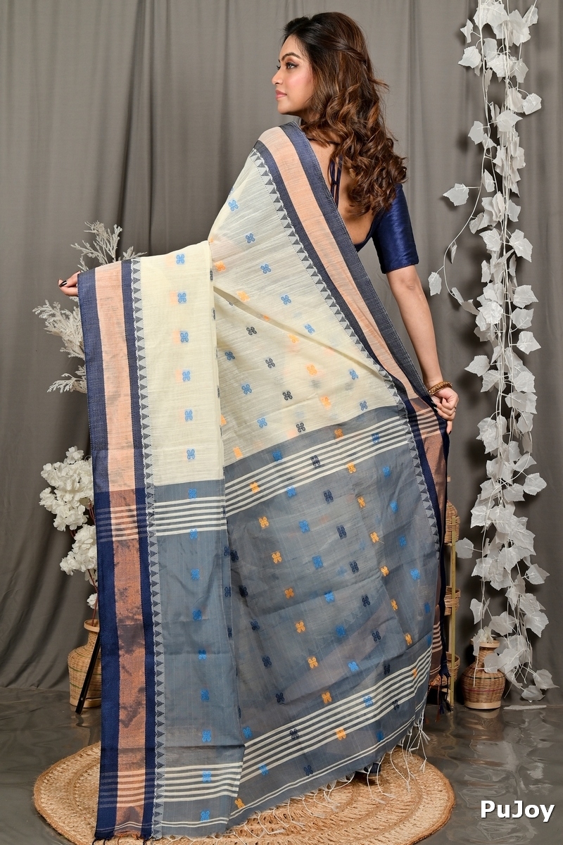 Off White Blue Pure Cotton Debasi Hand Loom Saree (2949)