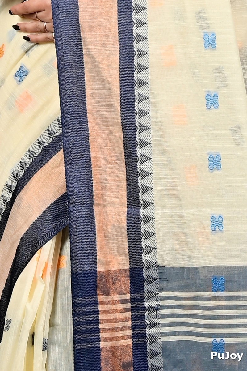 Off White Blue Pure Cotton Debasi Hand Loom Saree (2949)