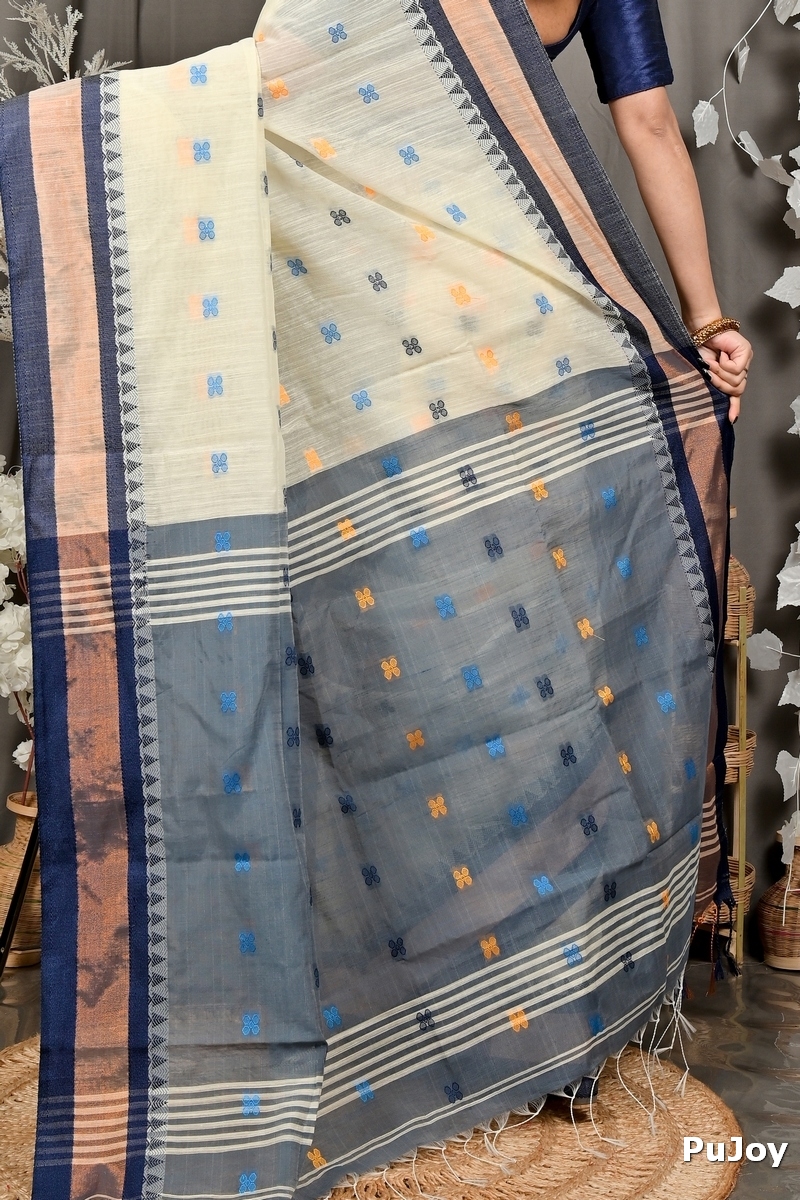 Off White Blue Pure Cotton Debasi Hand Loom Saree (2949)