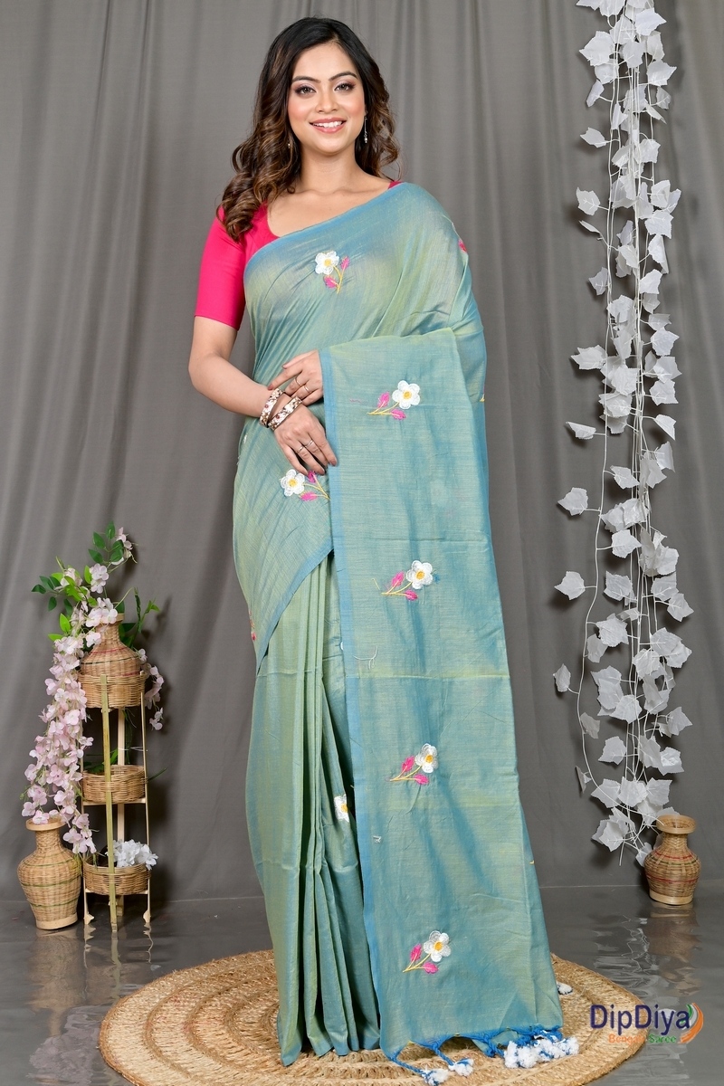See Green Pure Cotton Paray Embroidery Handloom saree (295)
