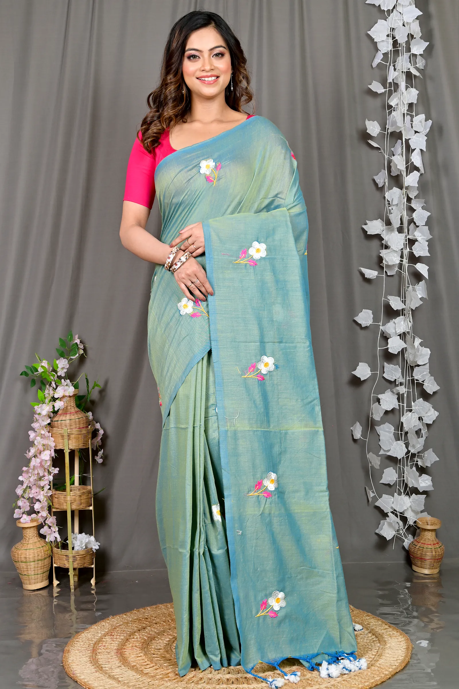 See Green Pure Cotton Paray Embroidery Handloom saree (295)