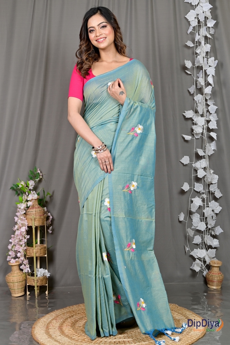 See Green Pure Cotton Paray Embroidery Handloom saree (295)