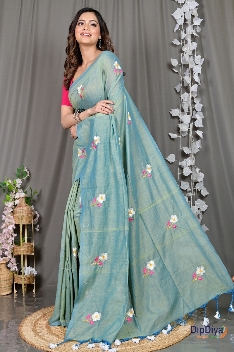 See Green Pure Cotton Paray Embroidery Handloom saree (295)