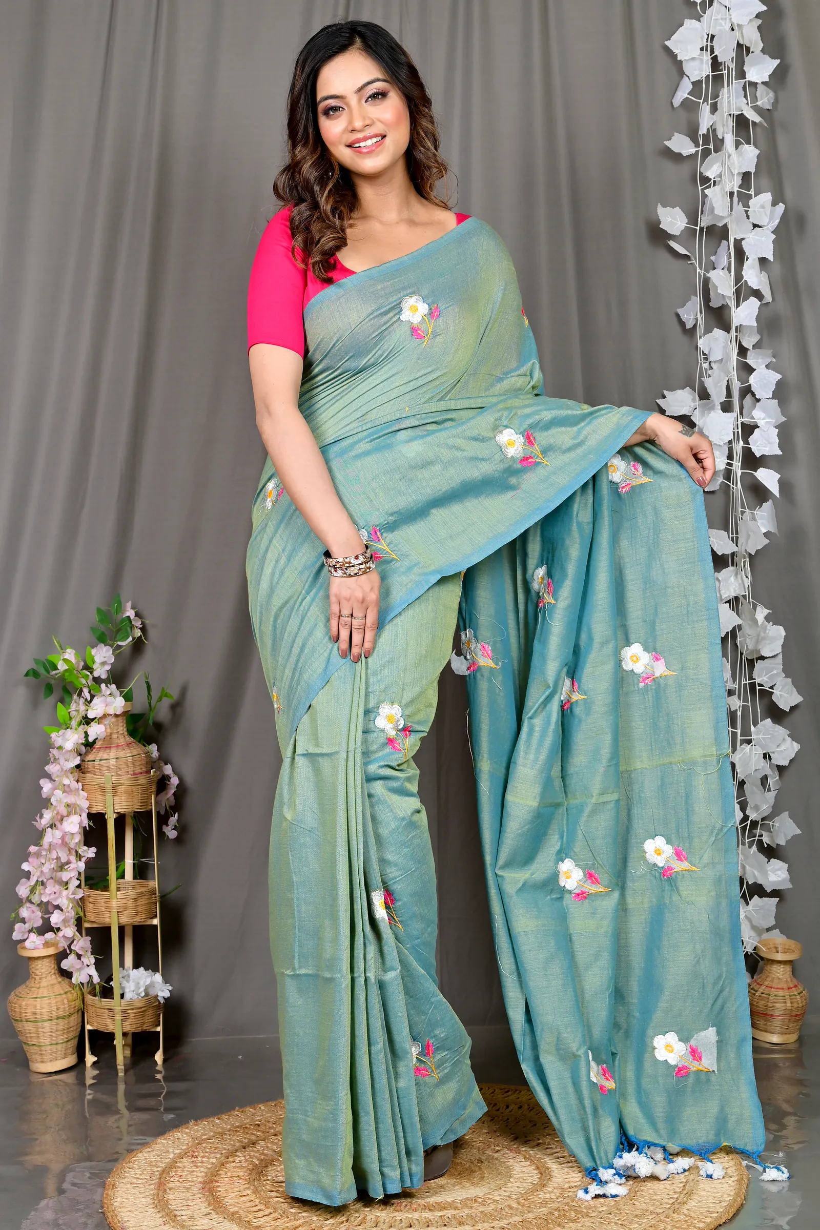 See Green Pure Cotton Paray Embroidery Handloom saree (295)
