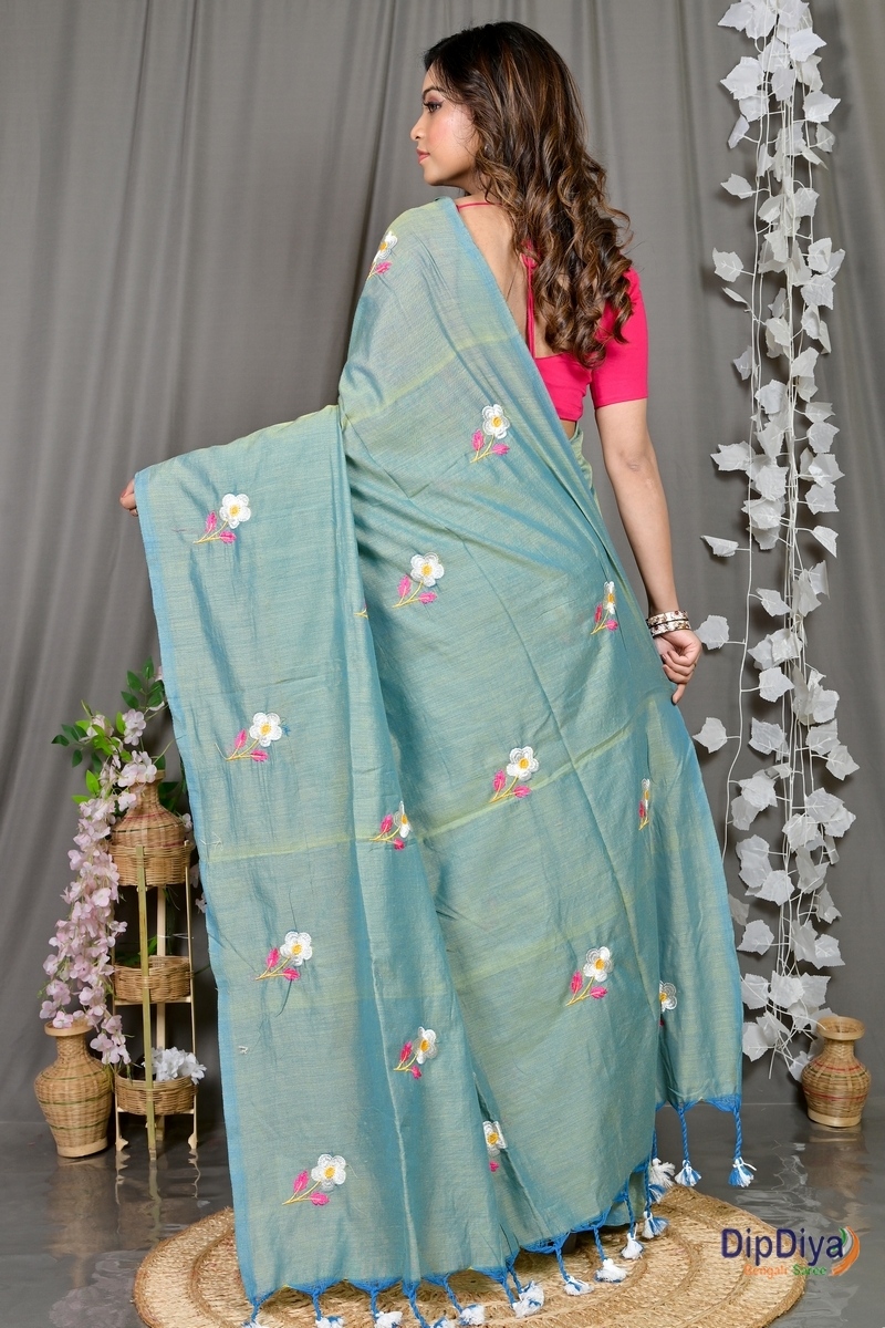 See Green Pure Cotton Paray Embroidery Handloom saree (295)
