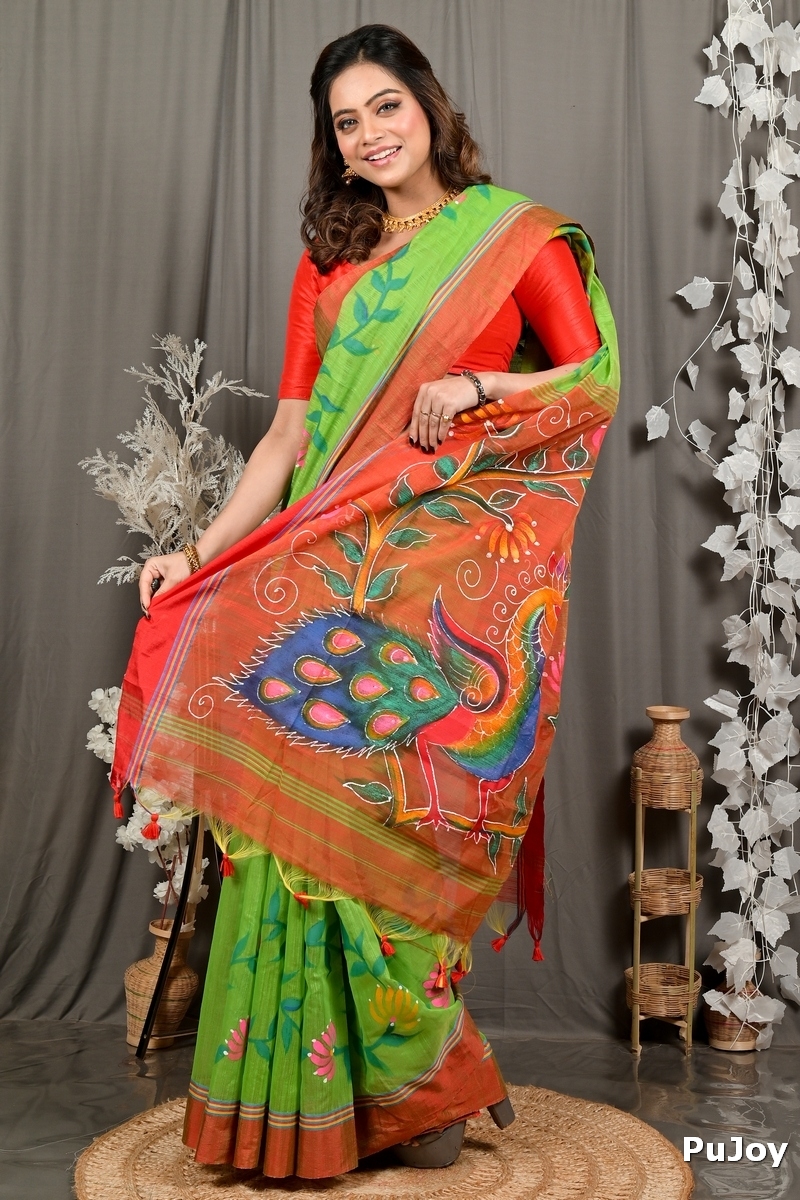 Green Red Cotton Blend Deepsi Hand Painted Saree (2955)