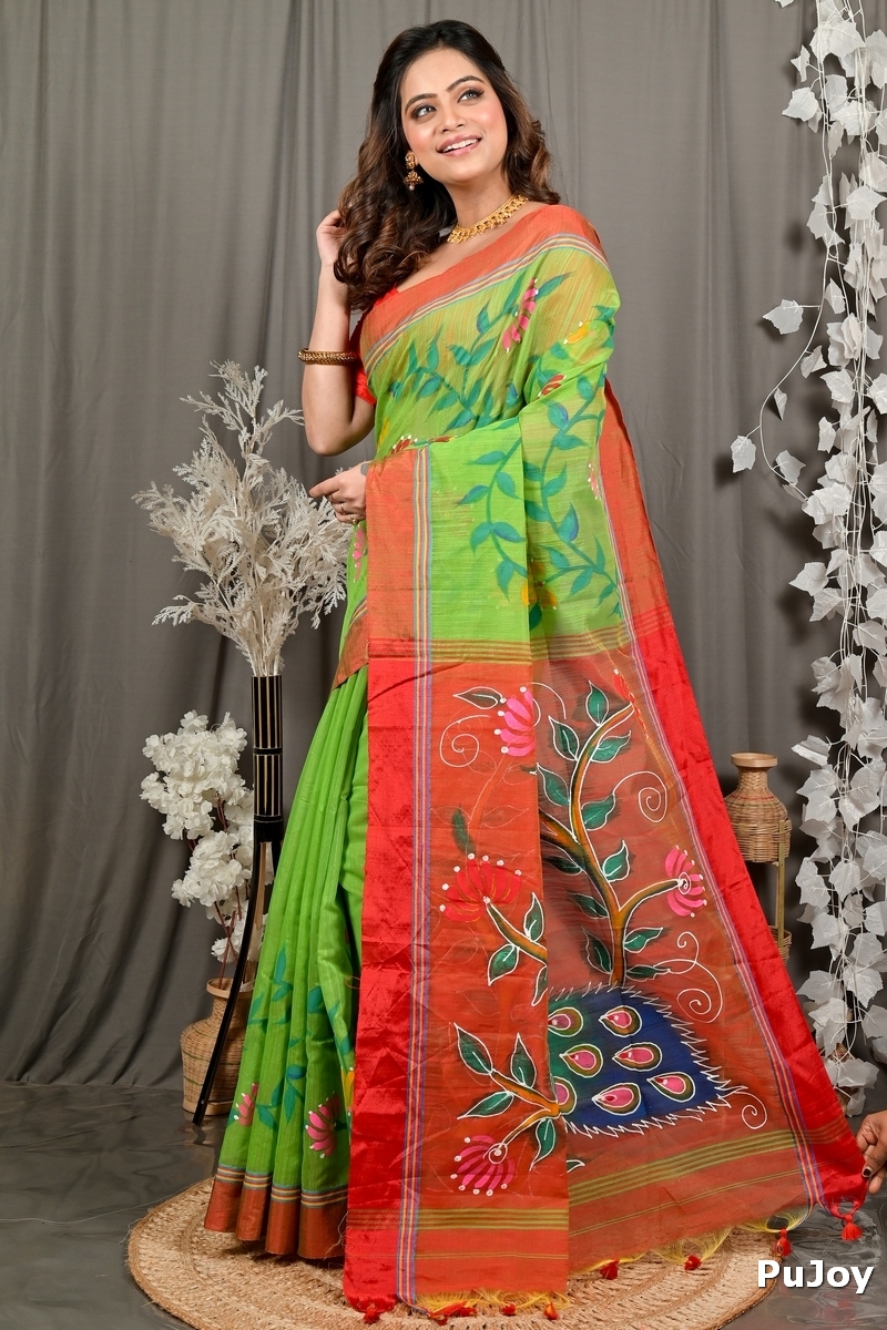 Green Red Cotton Blend Deepsi Hand Painted Saree (2955)