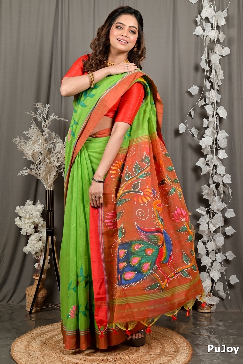 Green Red Cotton Blend Deepsi Hand Painted Saree (2955)