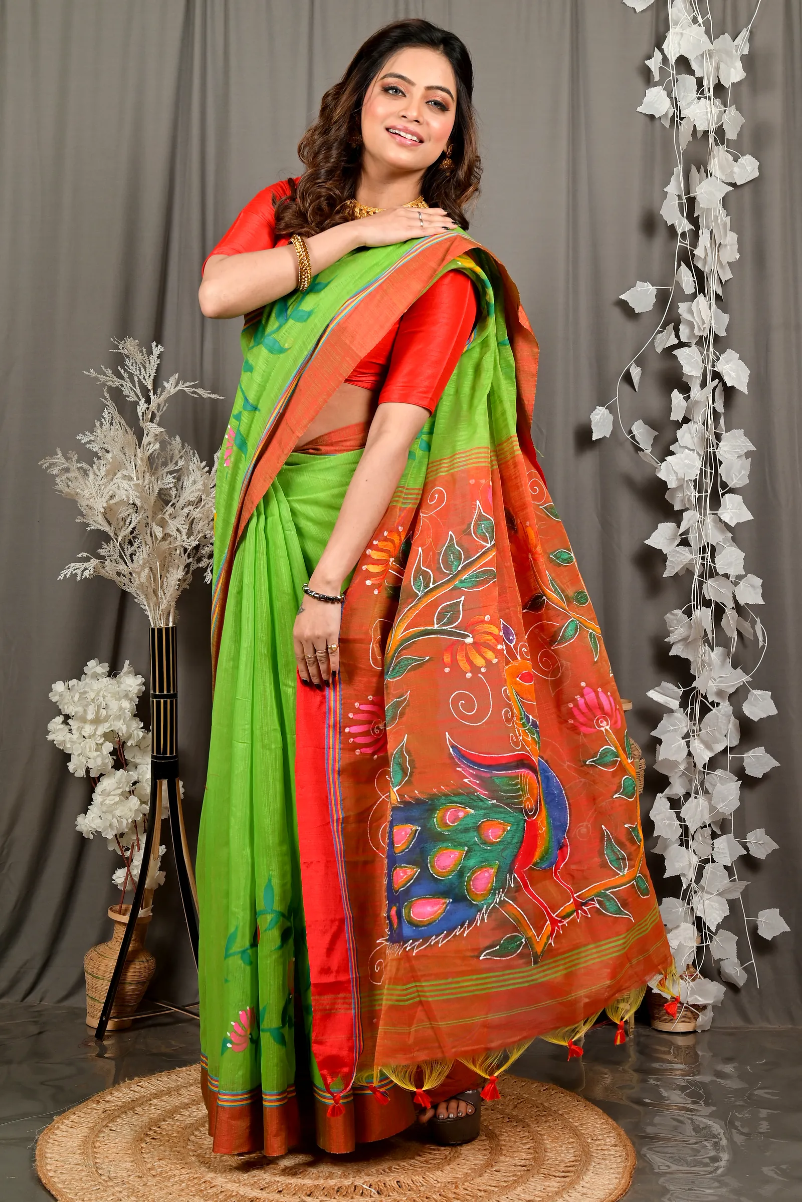 Green Red Cotton Blend Deepsi Hand Painted Saree (2955)