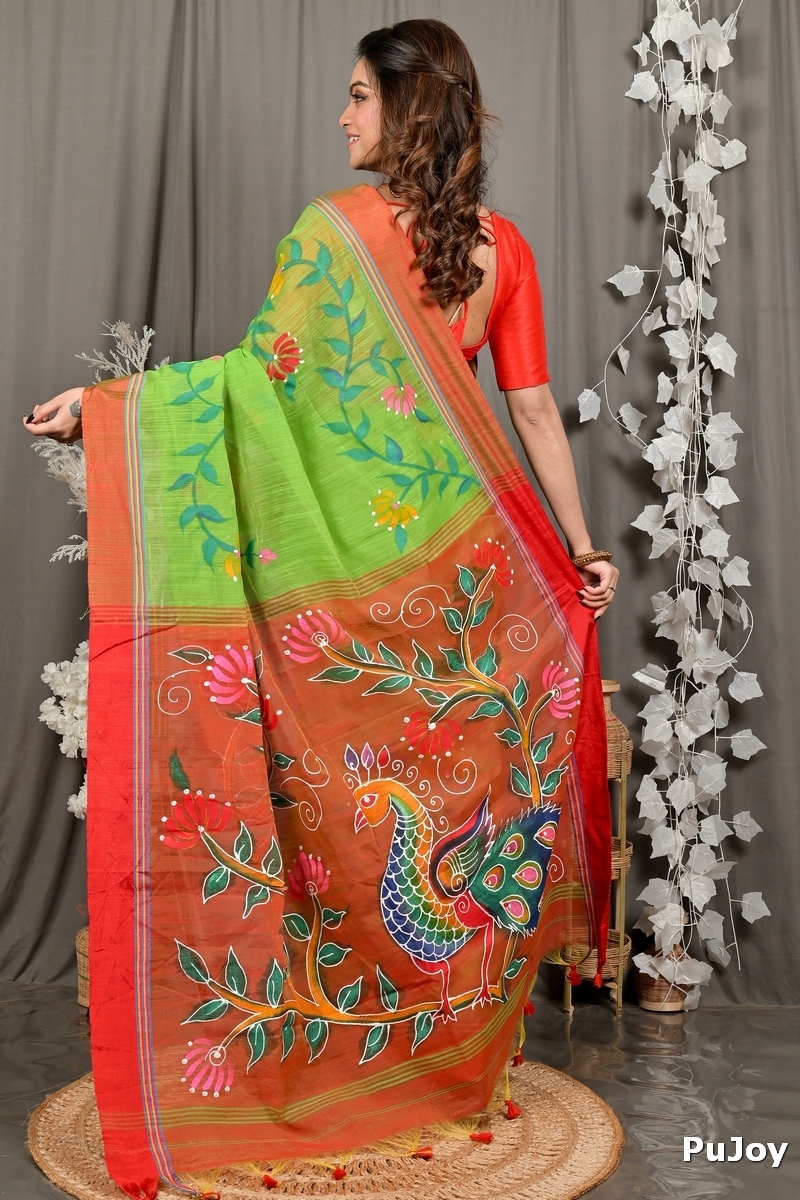 Green Red Cotton Blend Deepsi Hand Painted Saree (2955)