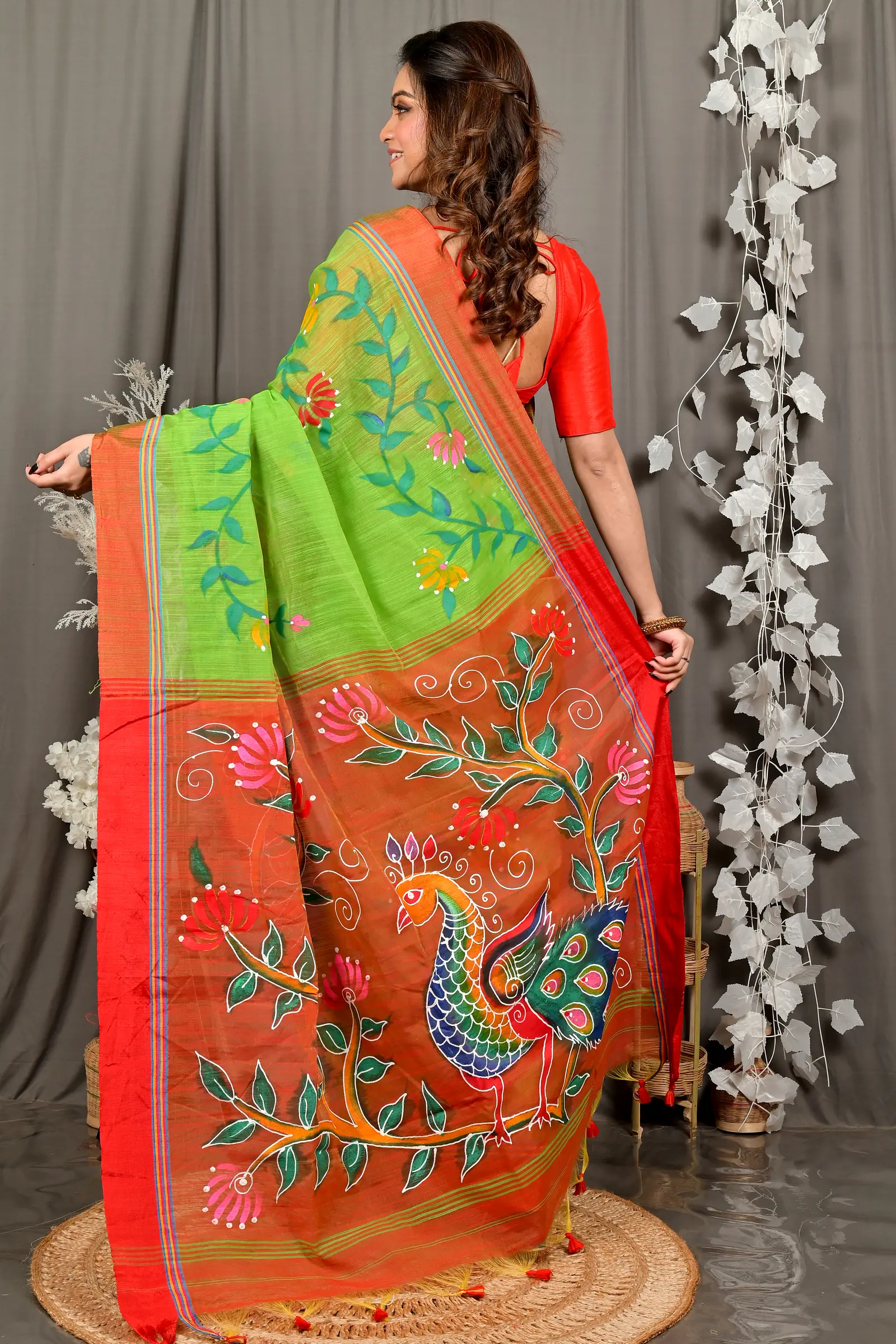 Green Red Cotton Blend Deepsi Hand Painted Saree (2955)