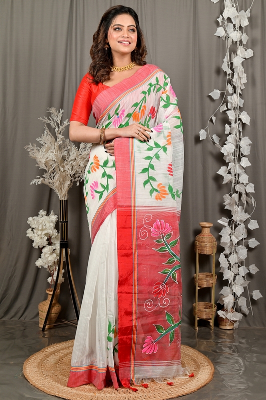 White Red Cotton Blend Deepsi Hand Painted Saree (2956)