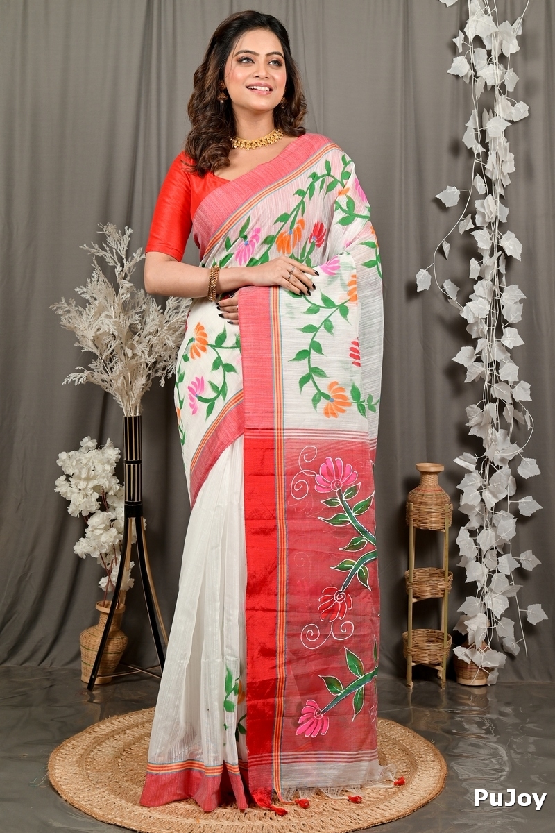 White Red Cotton Blend Deepsi Hand Painted Saree (2956)