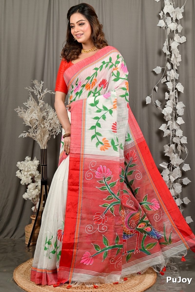 White Red Cotton Blend Deepsi Hand Painted Saree (2956)