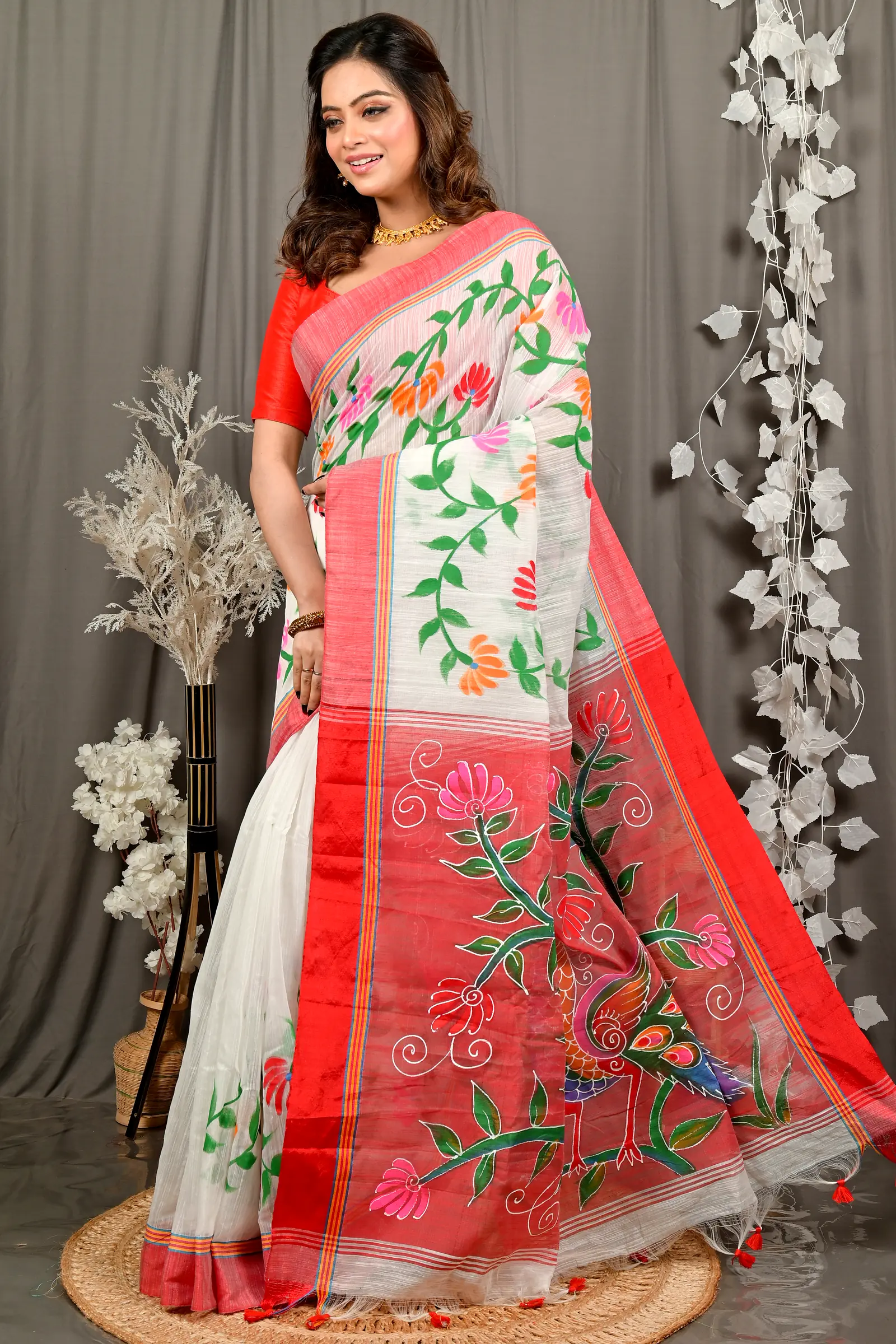 White Red Cotton Blend Deepsi Hand Painted Saree (2956)