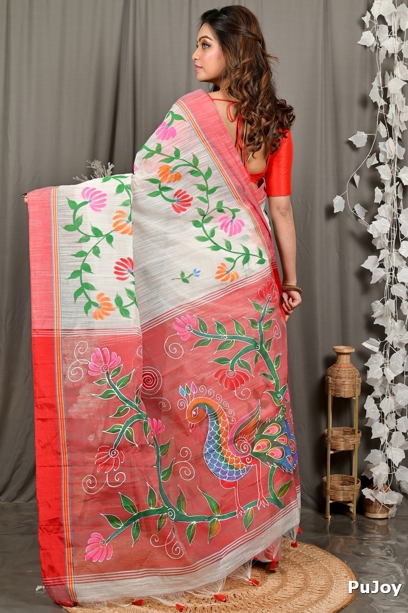 White Red Cotton Blend Deepsi Hand Painted Saree (2956)