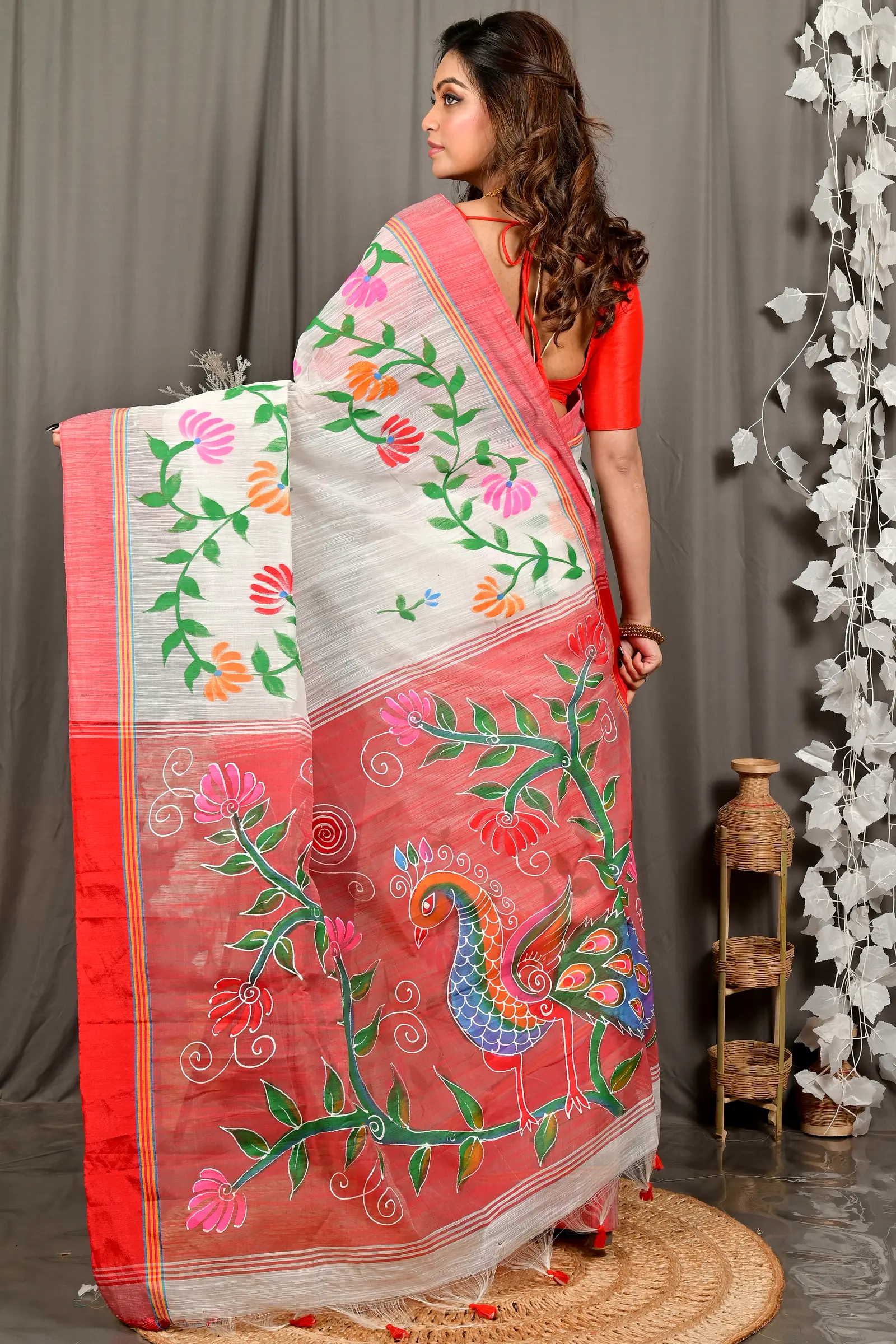 White Red Cotton Blend Deepsi Hand Painted Saree (2956)