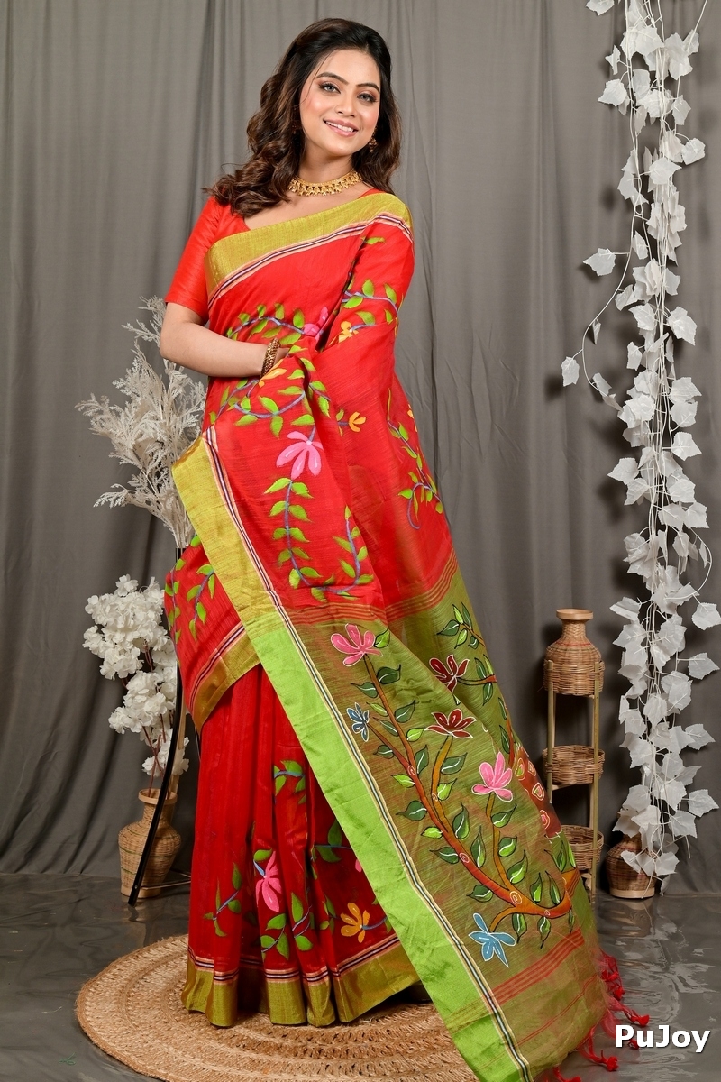 Red Green Cotton Blend Deepsi Hand Painted Saree (2957)