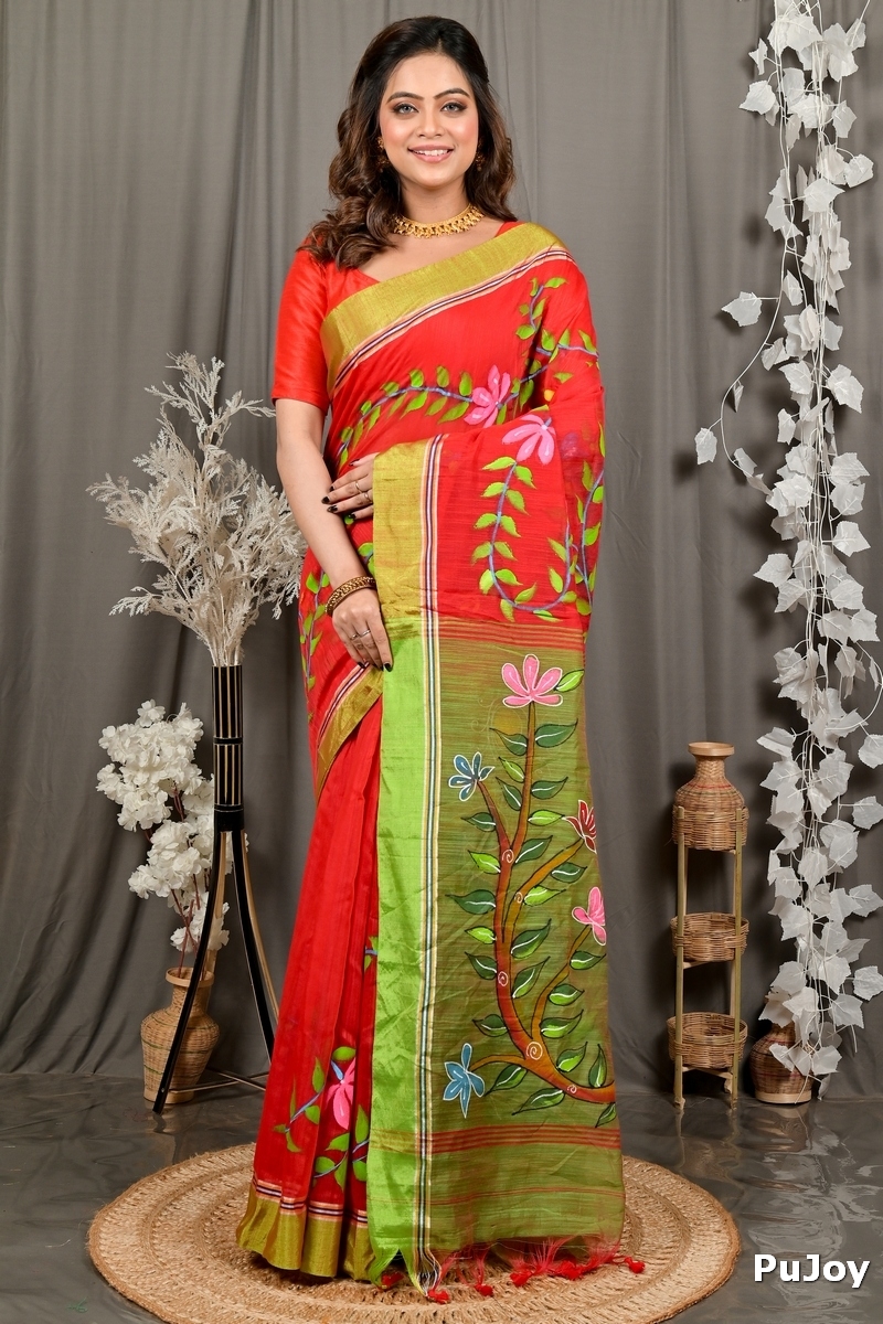 Red Green Cotton Blend Deepsi Hand Painted Saree (2957)
