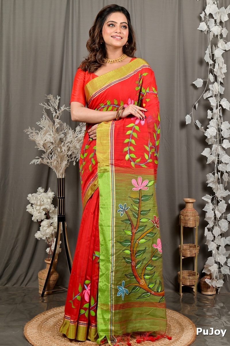 Red Green Cotton Blend Deepsi Hand Painted Saree (2957)