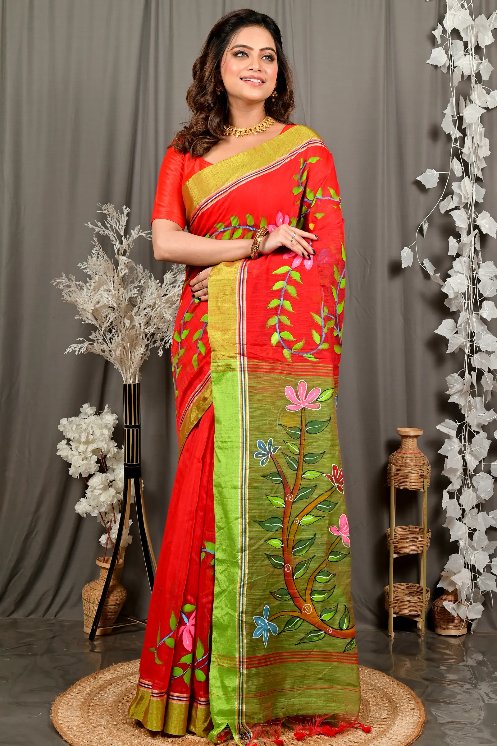 Red Green Cotton Blend Deepsi Hand Painted Saree (2957)