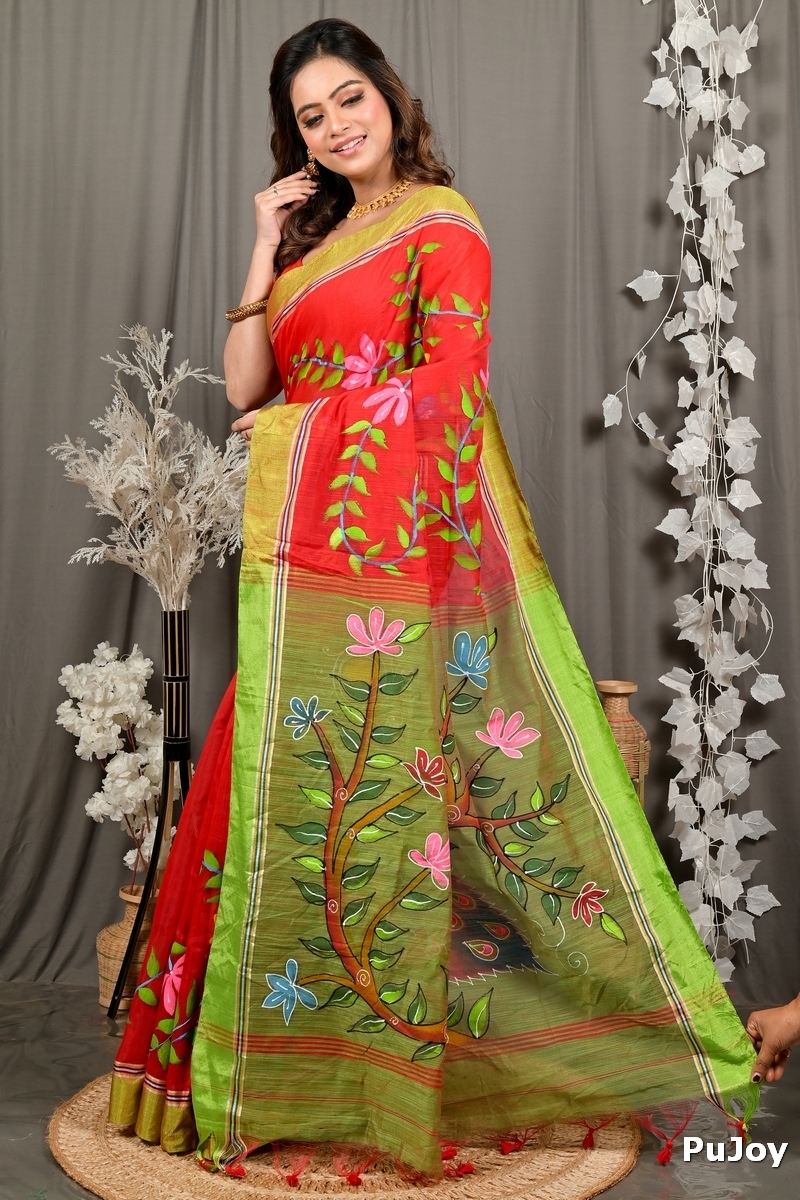 Red Green Cotton Blend Deepsi Hand Painted Saree (2957)