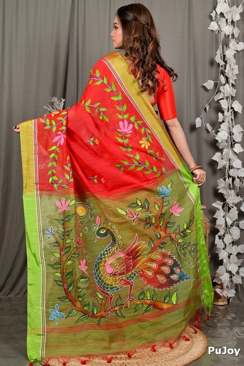 Red Green Cotton Blend Deepsi Hand Painted Saree (2957)