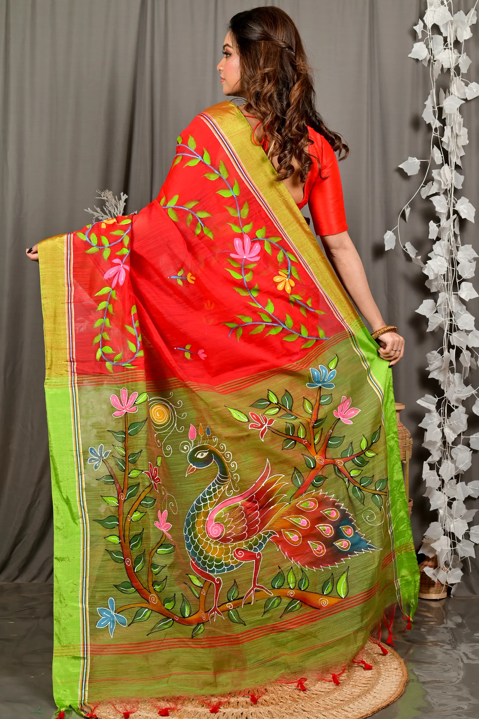 Red Green Cotton Blend Deepsi Hand Painted Saree (2957)