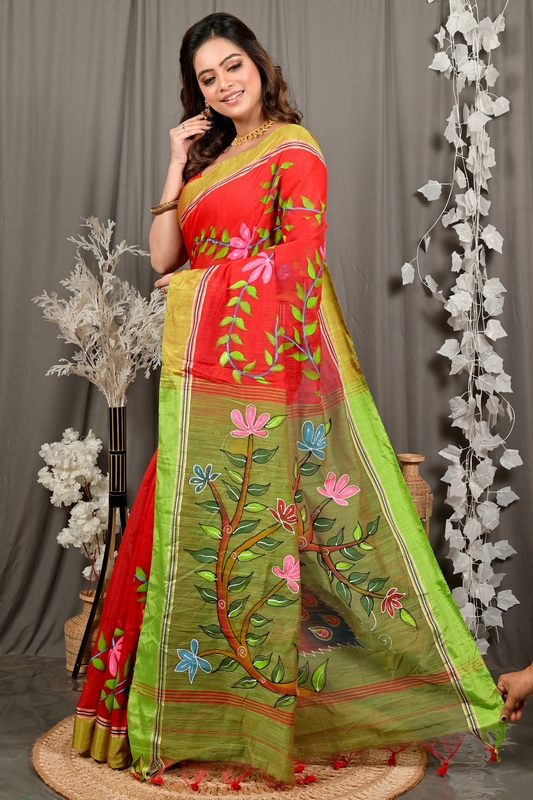 Red Green Cotton Blend Deepsi Hand Painted Saree (2957)