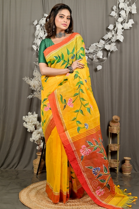 Yellow Red Cotton Blend Deepsi Hand Painted Saree (2958)