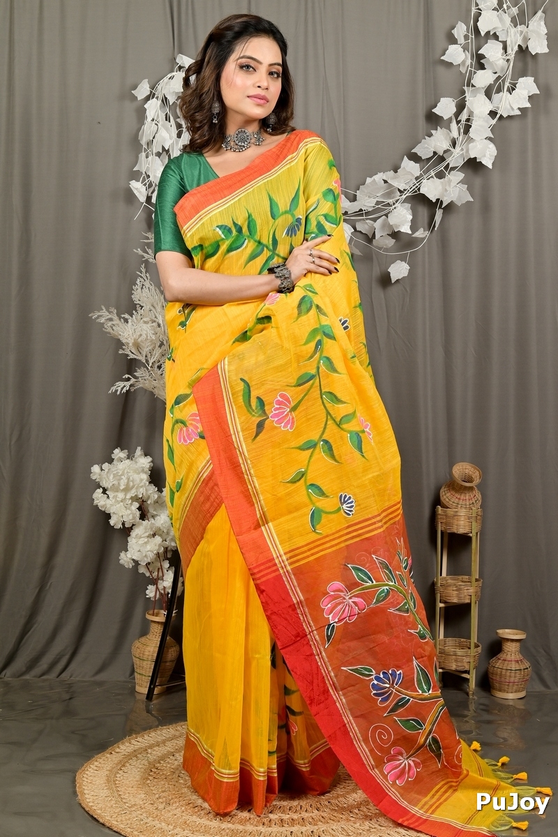 Yellow Red Cotton Blend Deepsi Hand Painted Saree (2958)