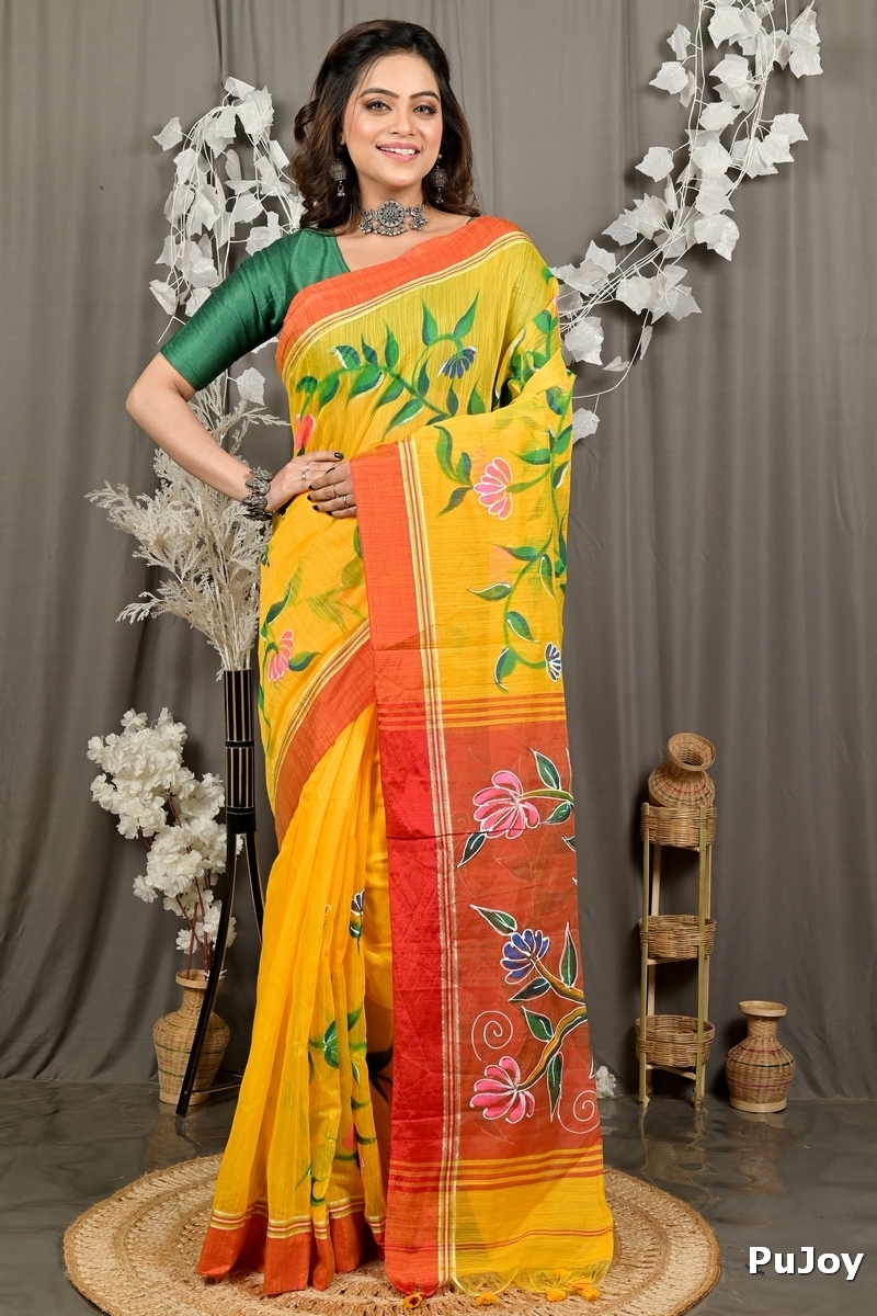 Yellow Red Cotton Blend Deepsi Hand Painted Saree (2958)