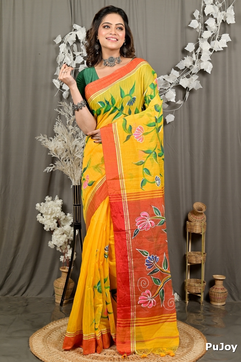Yellow Red Cotton Blend Deepsi Hand Painted Saree (2958)