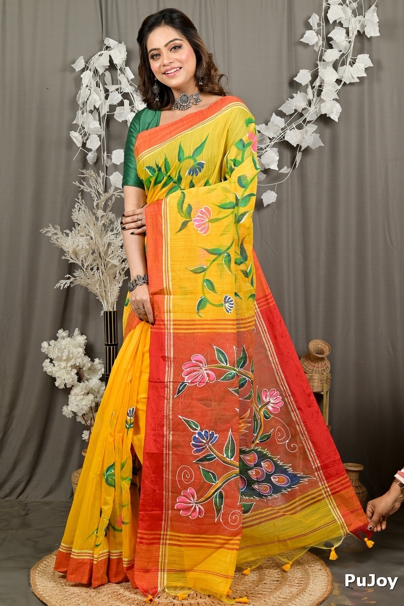Yellow Red Cotton Blend Deepsi Hand Painted Saree (2958)