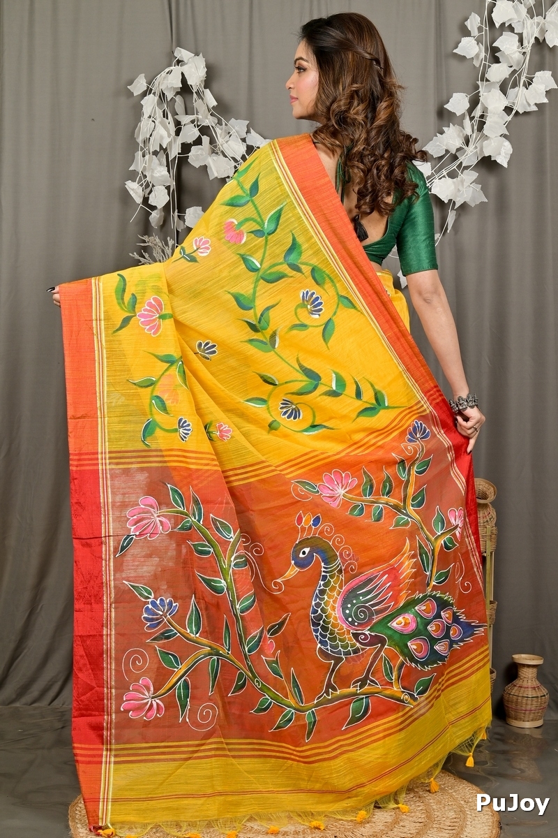 Yellow Red Cotton Blend Deepsi Hand Painted Saree (2958)