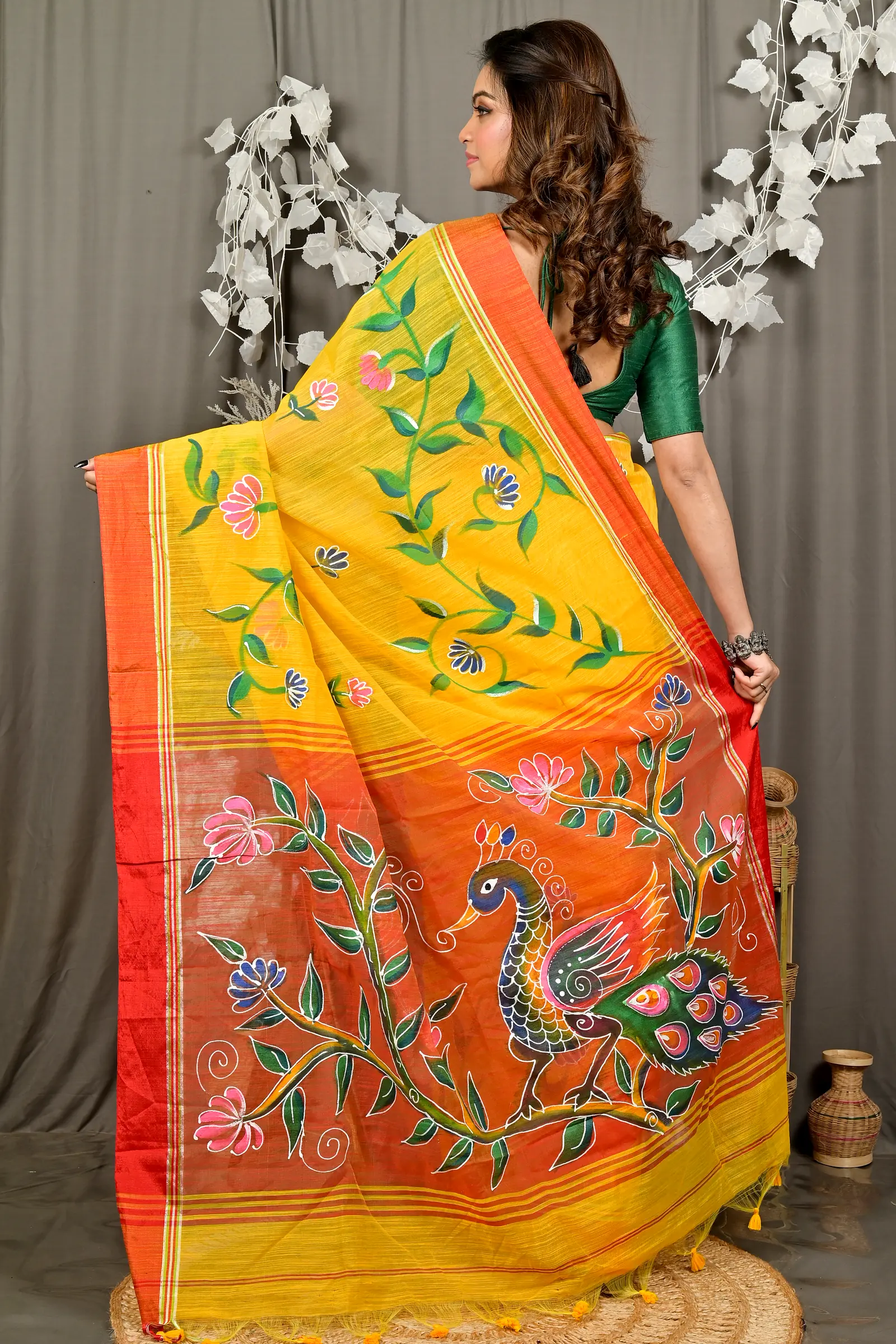 Yellow Red Cotton Blend Deepsi Hand Painted Saree (2958)