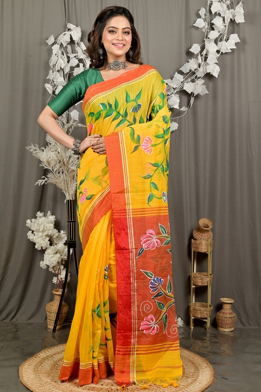 Yellow Red Cotton Blend Deepsi Hand Painted Saree (2958)