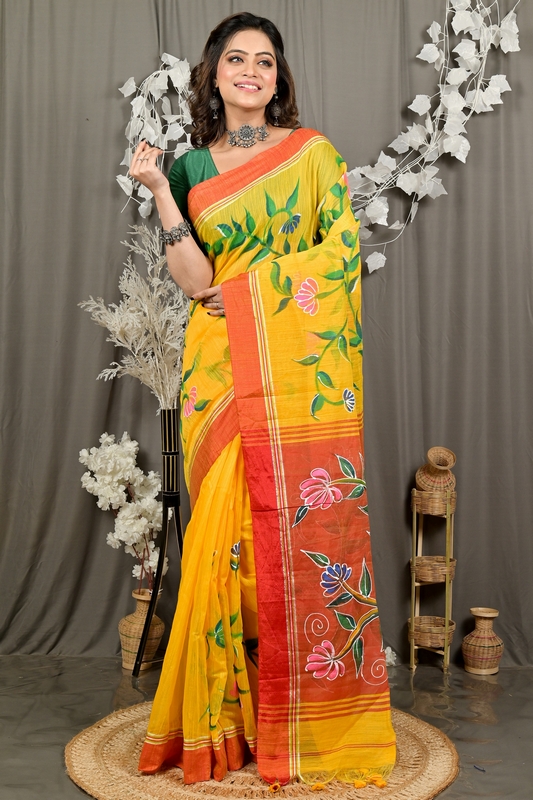 Yellow Red Cotton Blend Deepsi Hand Painted Saree (2958)
