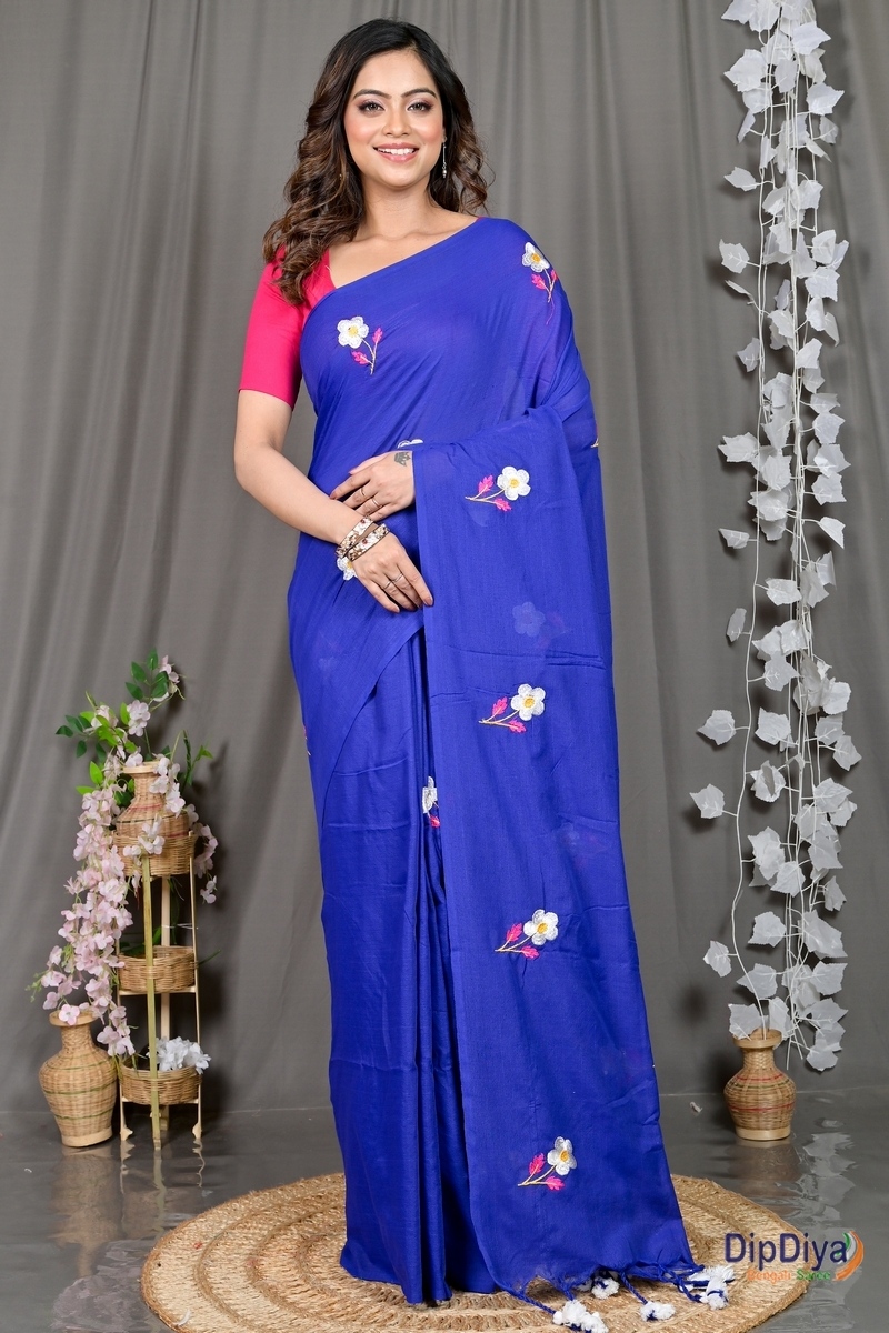 Blue Pure Cotton Paray Embroidery Handloom saree (296)