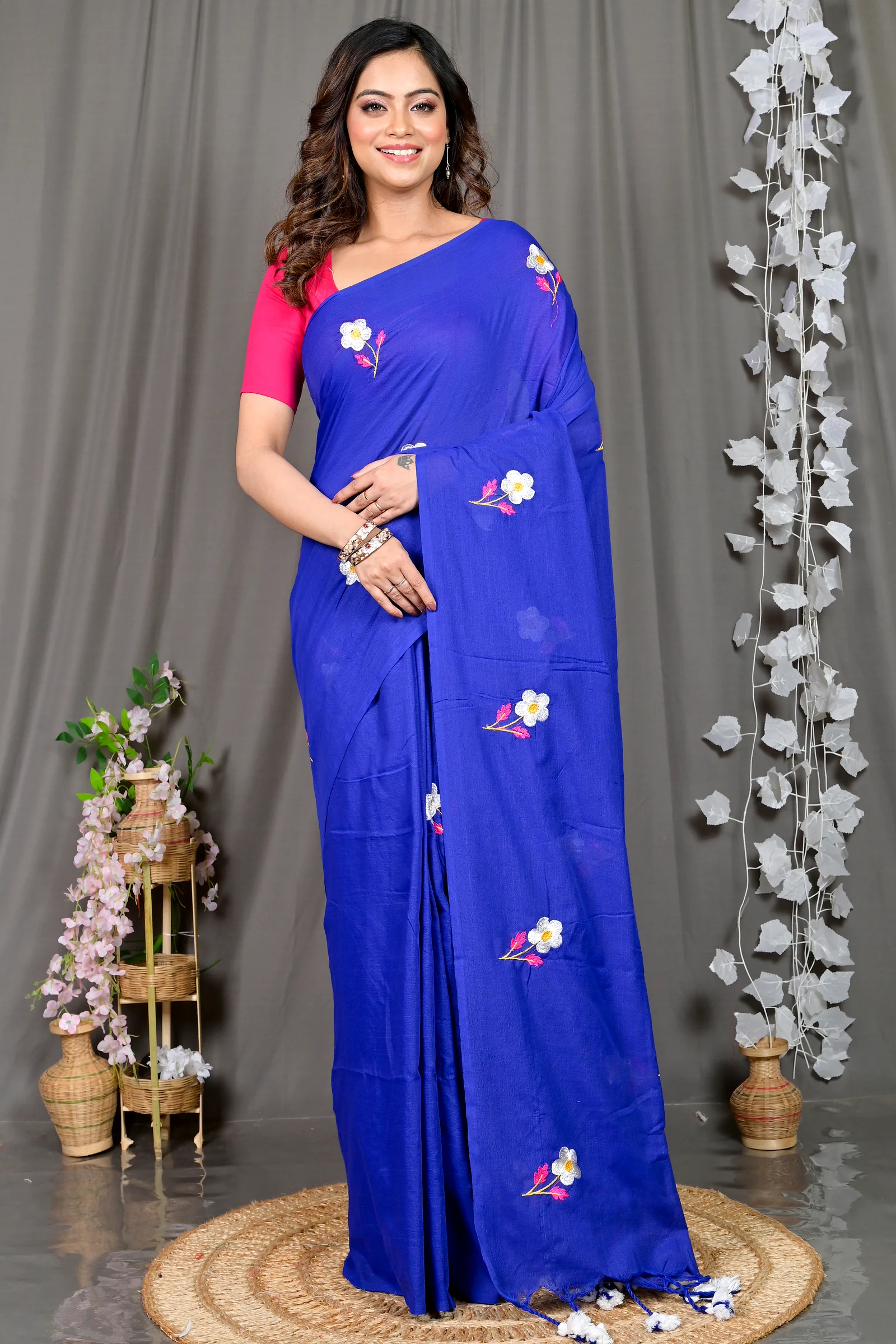 Blue Pure Cotton Paray Embroidery Handloom saree (296)