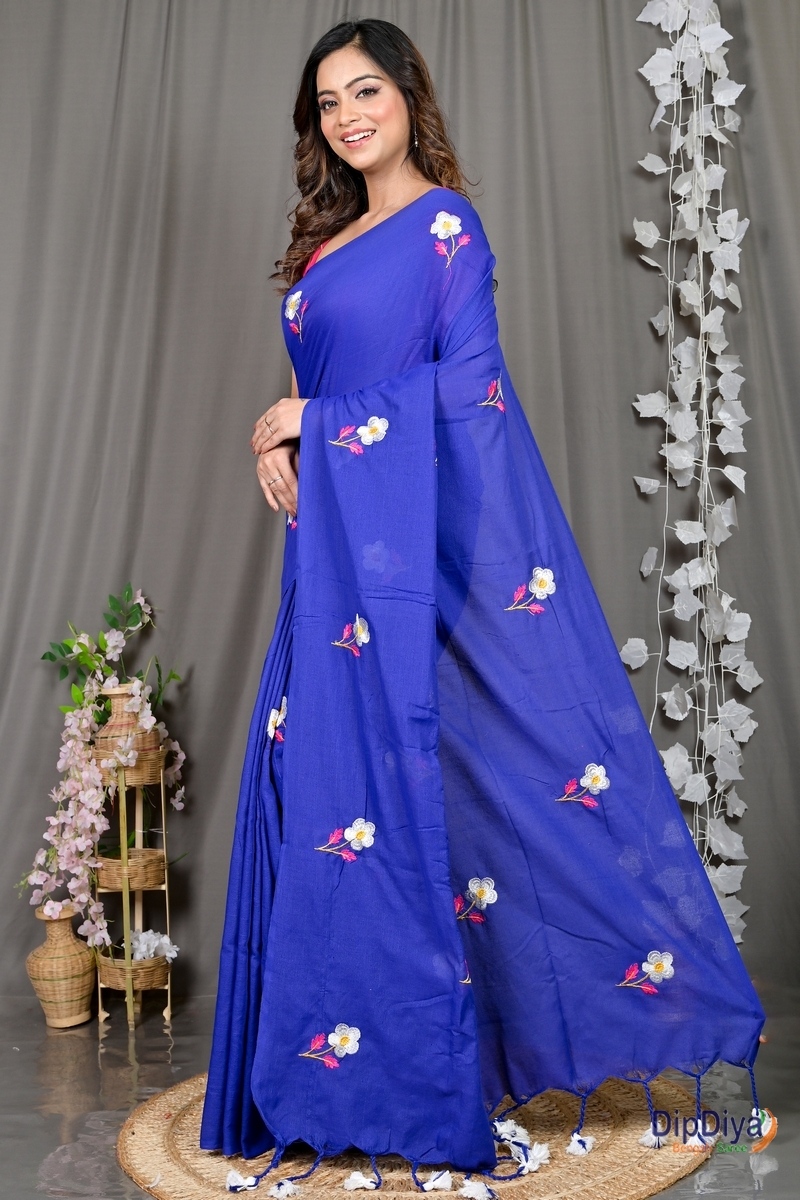 Blue Pure Cotton Paray Embroidery Handloom saree (296)