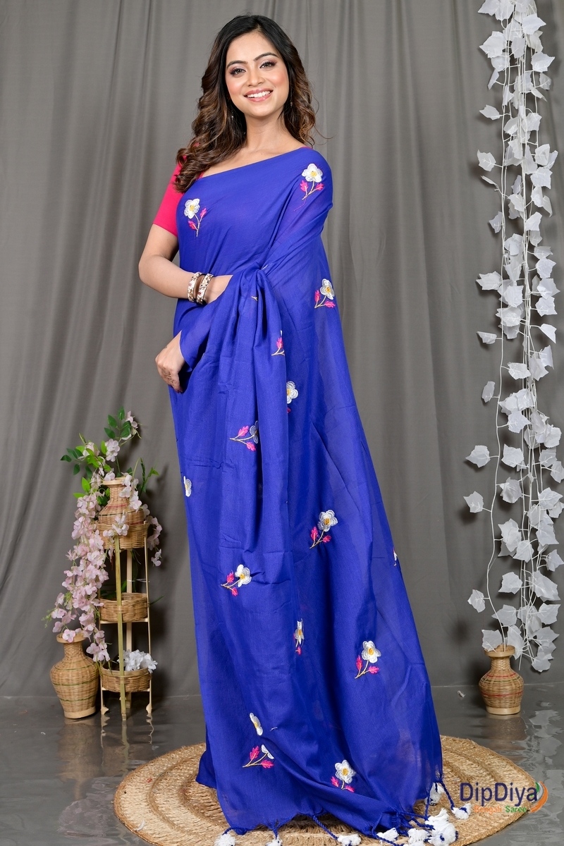 Blue Pure Cotton Paray Embroidery Handloom saree (296)