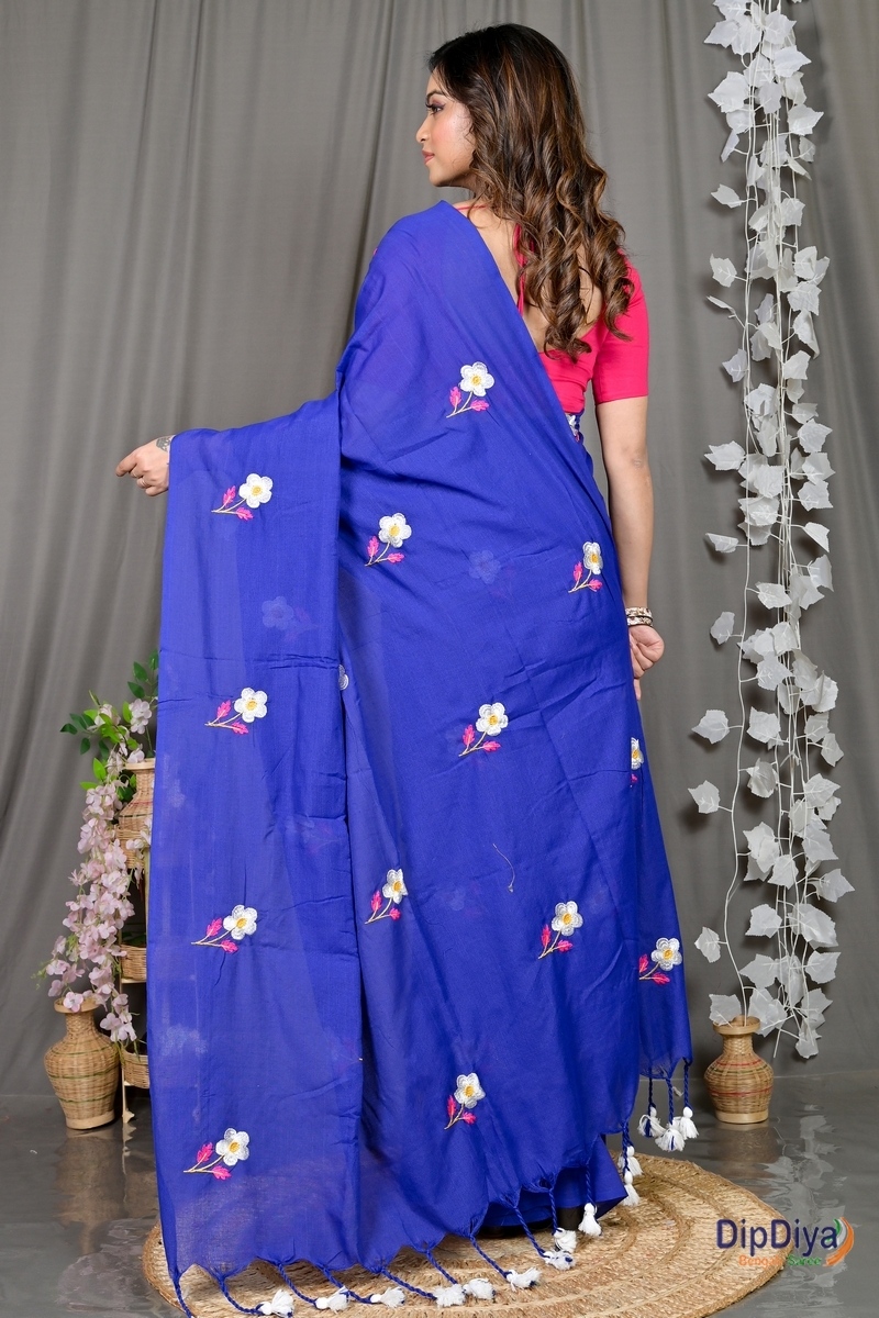 Blue Pure Cotton Paray Embroidery Handloom saree (296)