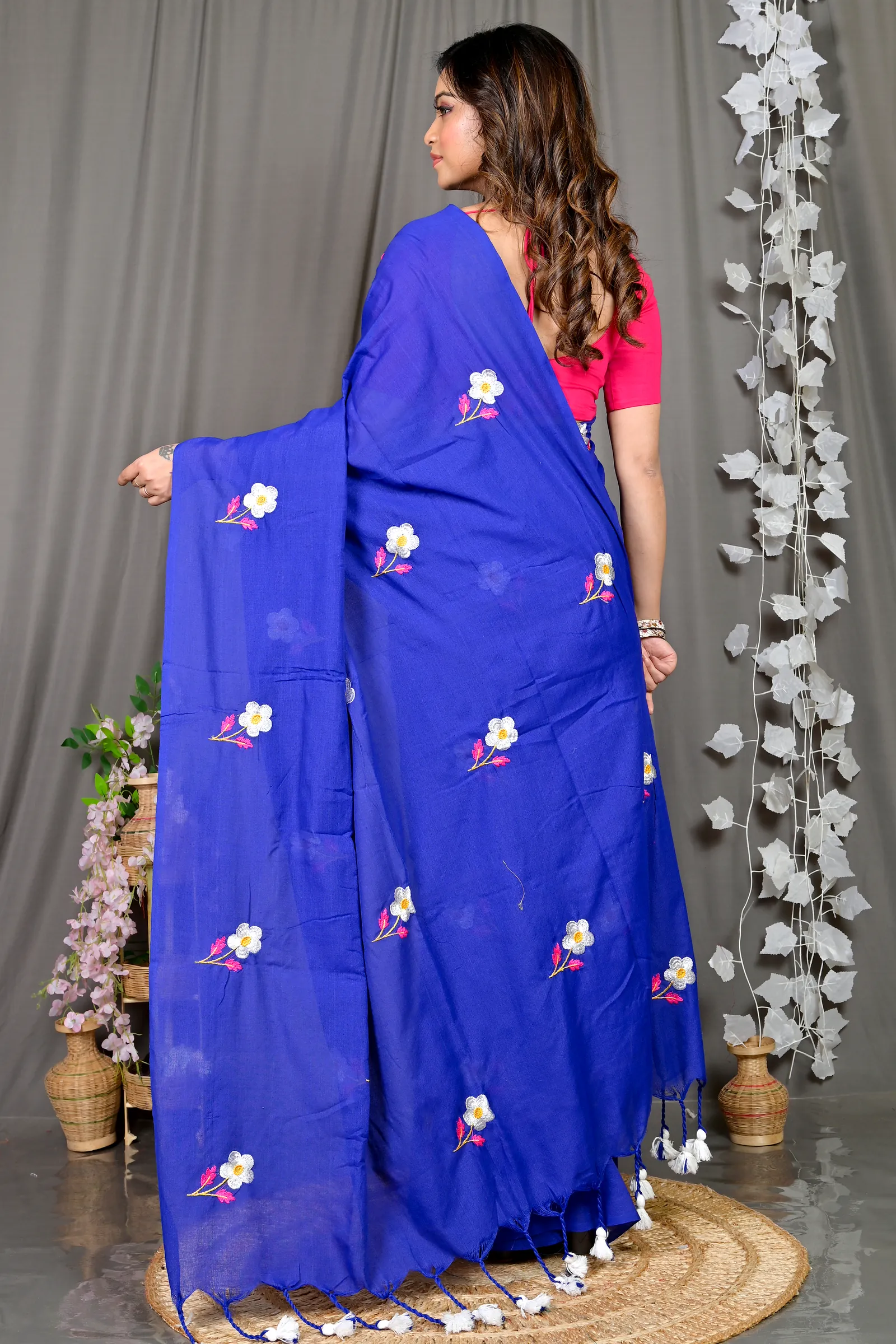 Blue Pure Cotton Paray Embroidery Handloom saree (296)