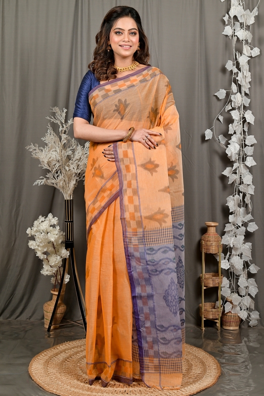 Light Orange Pure Cotton Devai Tant Saree Print (2964)